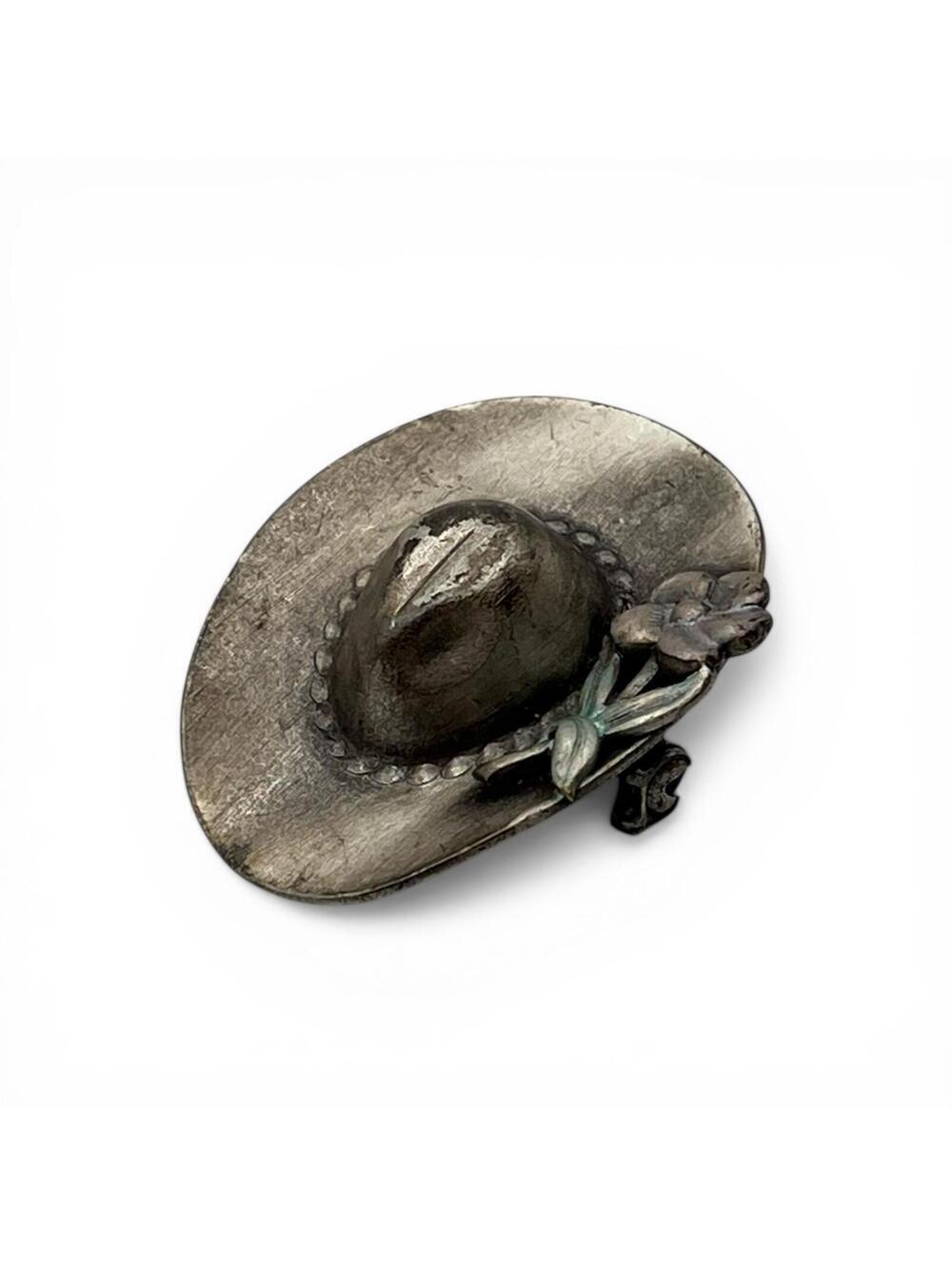 Vintage Silver Tone Western Hat Shaped Brooch with Floral Accent